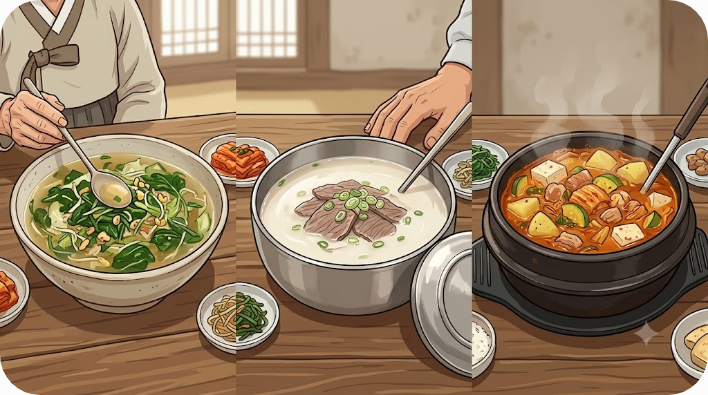 국·탕·찌개의 국물 양과 담음새 차이를 보여 주는 삽화