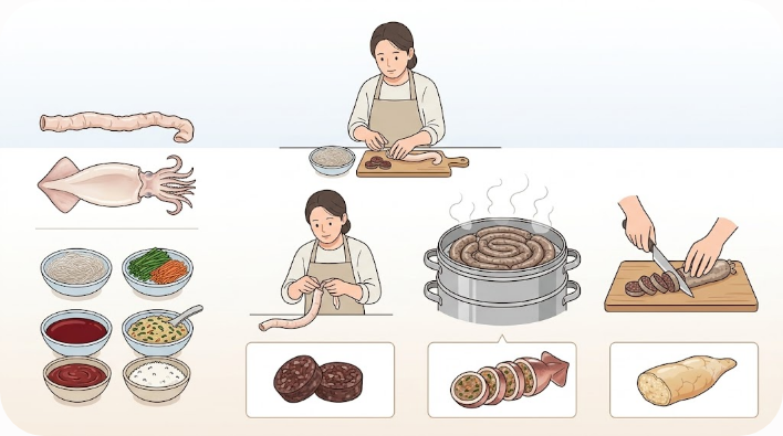 빈 재료 안에 소를 채워 익히는 순대의 공통 구조를 보여 주는 설명 이미지