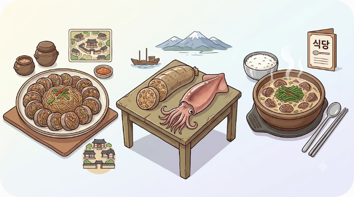 병천순대와 아바이순대, 순댓국 메뉴가 가리키는 지역과 음식 쓰임을 보여 주는 삽화