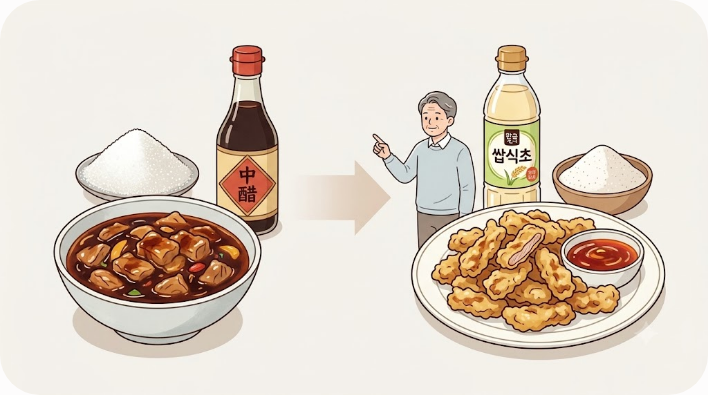 설탕과 식초, 돼지고기로 탕수육 이름 뜻을 보여 주는 설명 이미지