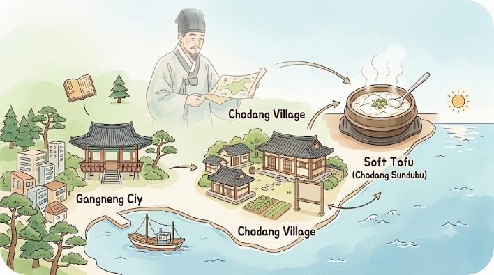 강릉과 초당마을, 바다, 허엽 유래설의 관계를 보여 주는 삽화