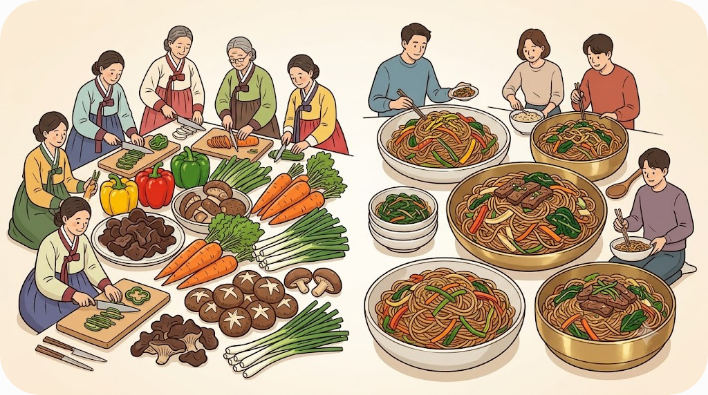 여러 채소를 섞은 옛 잡채 개념과 당면 중심의 오늘날 잡채를 비교한 이미지