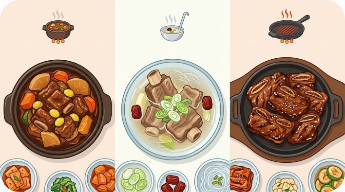 갈비찜 갈비탕 갈비구이의 조리 방식과 완성 모습 비교