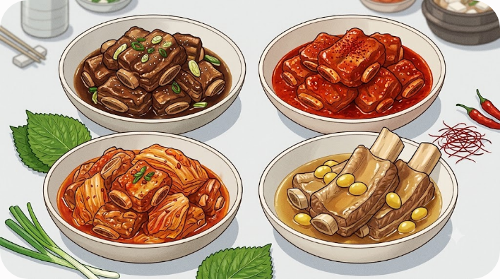 간장갈비찜 매운갈비찜 묵은지갈비찜 등 다양한 메뉴 구성