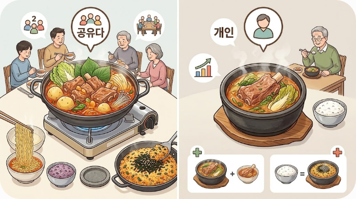 감자탕과 뼈해장국을 그릇 크기와 주문 단위로 비교한 인포그래픽