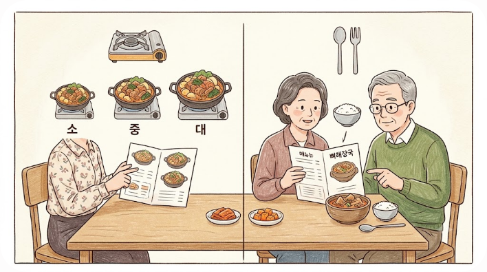 메뉴판에서 감자탕과 뼈해장국의 주문 방식이 갈리는 모습을 표현한 삽화