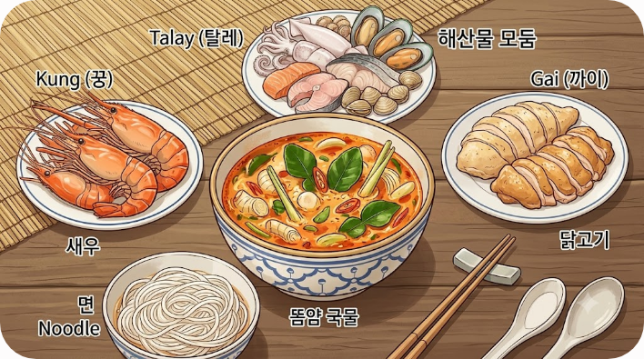 똠얌 뒤에 붙는 새우 해산물 닭고기 면의 차이를 보여 주는 삽화