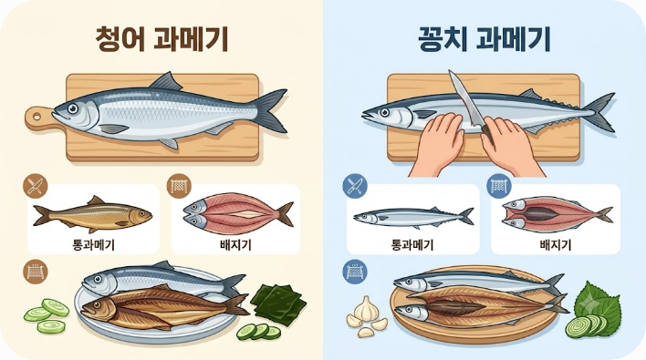 청어와 꽁치 과메기 및 손질 형태 비교 삽화