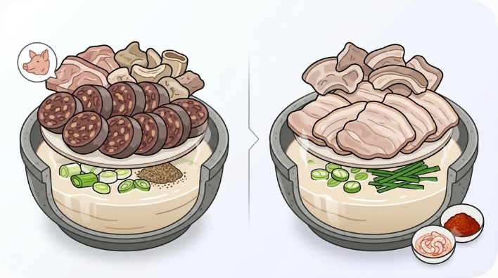 순댓국은 순대, 돼지국밥은 삶은 돼지고기가 중심임을 보여 주는 비교 이미지