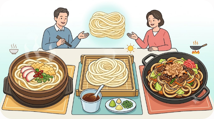 국물·냉우동·볶음우동에 공통으로 쓰이는 굵은 우동 면 비교