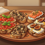 토마토와 버섯, 연어 등 여러 토핑을 올린 브루스케타 접시