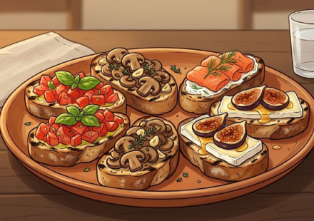 토마토와 버섯, 연어 등 여러 토핑을 올린 브루스케타 접시