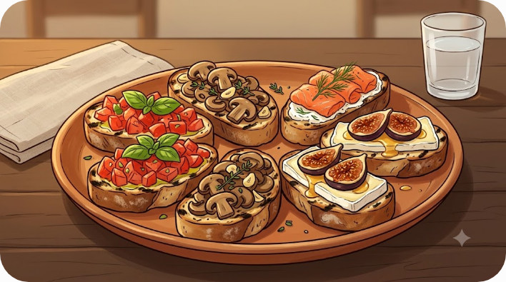 토마토와 버섯, 연어 등 여러 토핑을 올린 브루스케타 접시