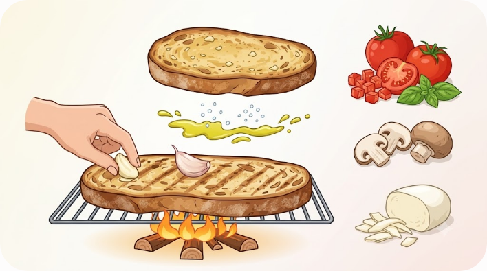 구운 빵에 마늘과 올리브유를 더하고 토핑을 올리는 브루스케타 구성