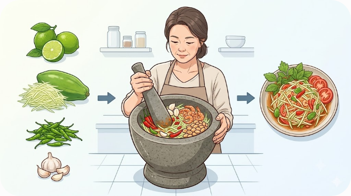 새콤한 재료와 절구에 찧는 동작으로 풀어낸 쏨땀 이름 뜻