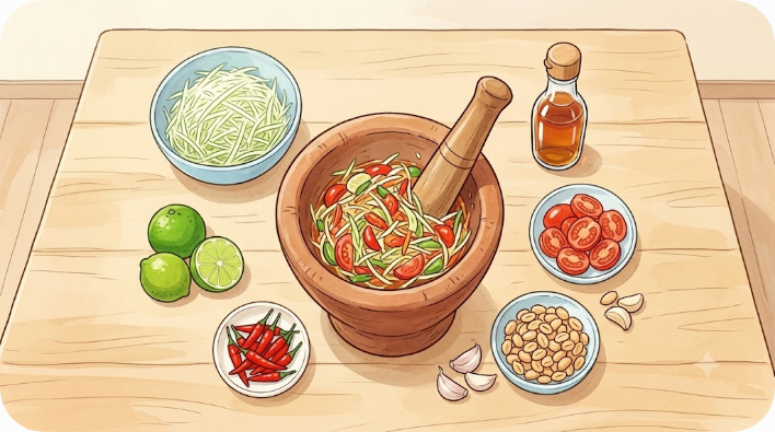 풋파파야와 라임 고추 토마토로 구성된 쏨땀 재료