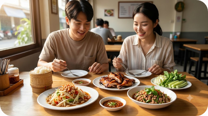 찹쌀밥과 구운 닭고기 곁에 놓인 쏨땀 상차림