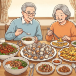 삶은 꼬막과 꼬막무침, 꼬막전이 함께 놓인 벌교식 꼬막정식