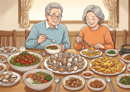 삶은 꼬막과 꼬막무침, 꼬막전이 함께 놓인 벌교식 꼬막정식