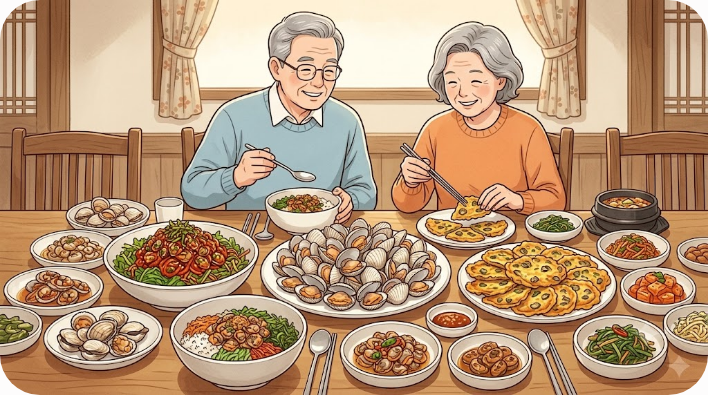 삶은 꼬막과 꼬막무침, 꼬막전이 함께 놓인 벌교식 꼬막정식