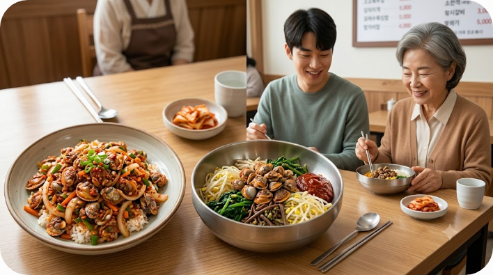 꼬막무침과 꼬막비빔밥이 함께 놓인 생활형 음식 장면