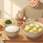 밥과 반찬 옆에 놓인 맑은 감자국 한 그릇