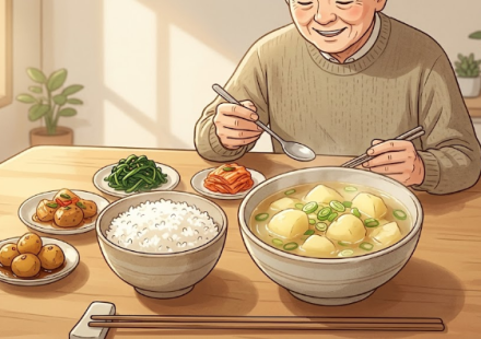 밥과 반찬 옆에 놓인 맑은 감자국 한 그릇