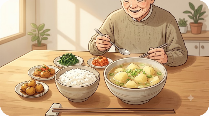 밥과 반찬 옆에 놓인 맑은 감자국 한 그릇