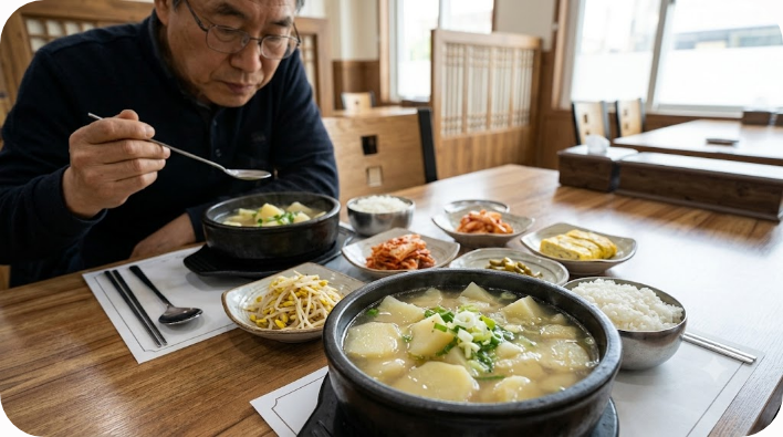 감자 조각이 보이는 감자국과 한식 반찬 상차림