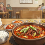 식당 메뉴판 옆에 놓인 얼큰한 육개장 한 그릇