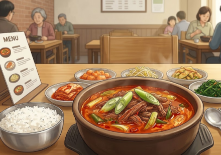 식당 메뉴판 옆에 놓인 얼큰한 육개장 한 그릇