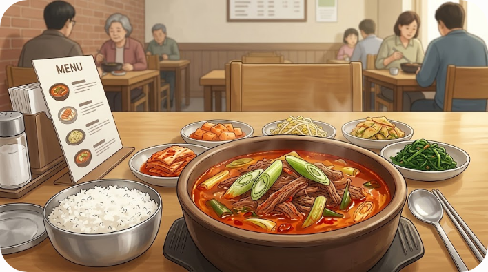 식당 메뉴판 옆에 놓인 얼큰한 육개장 한 그릇