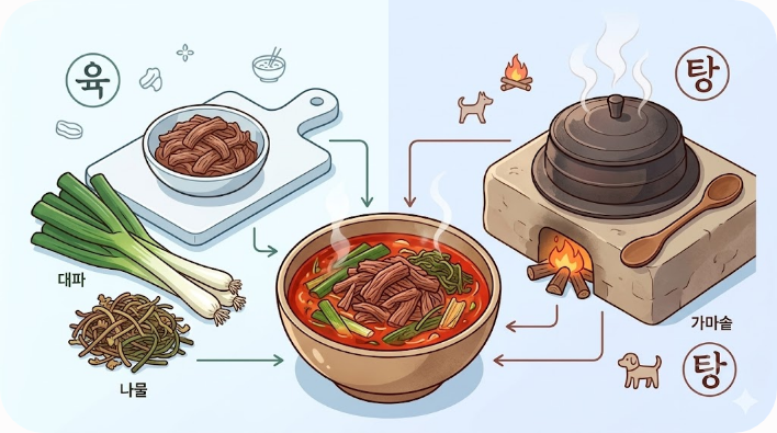 육개장 이름 속 육과 개장의 관계를 보여주는 설명 이미지