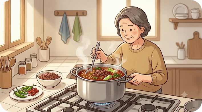 큰 냄비에 쇠고기와 대파를 넣어 육개장을 끓이는 모습