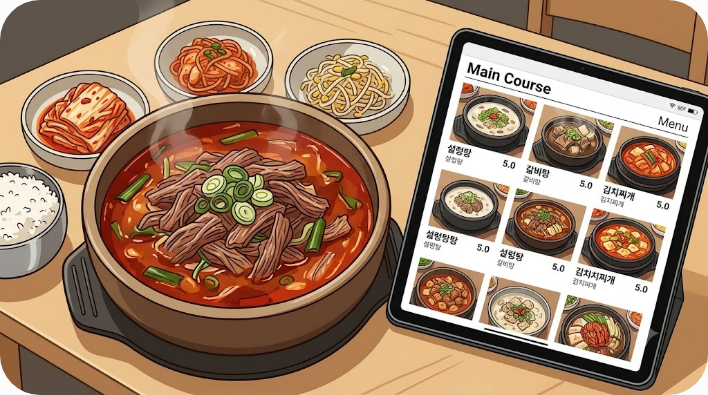 밥과 반찬을 곁들여 차린 육개장 식사