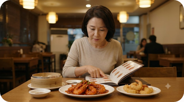 중식당 메뉴판 옆에 놓인 깐쇼새우 한 접시