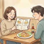 태국 음식점에서 카오팟 꿍과 카오팟 무를 비교하는 장면