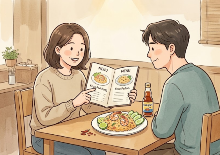 태국 음식점에서 카오팟 꿍과 카오팟 무를 비교하는 장면