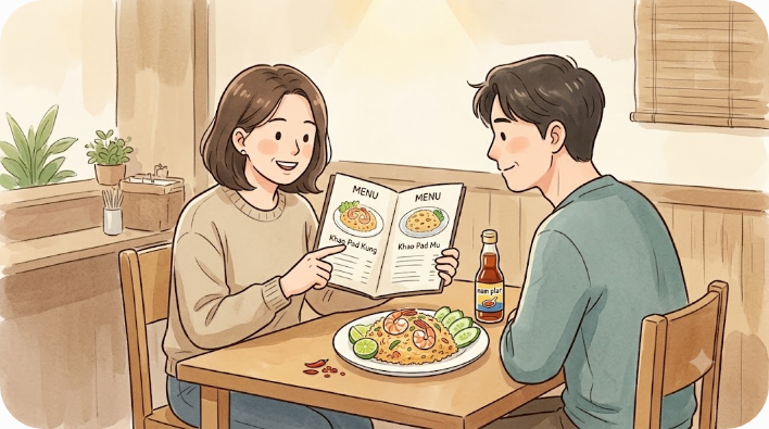 태국 음식점에서 카오팟 꿍과 카오팟 무를 비교하는 장면