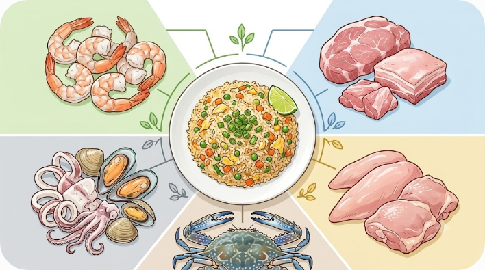 카오팟 꿍·무·까이·뿌·탈레의 대표 재료 비교