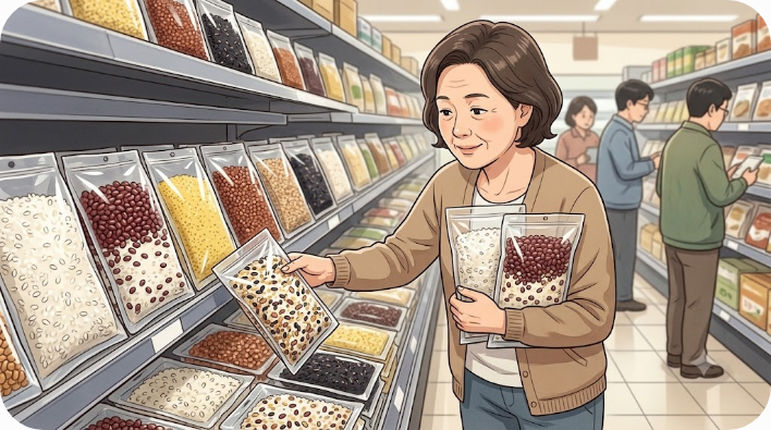 정월대보름을 앞두고 서로 다른 곡물 구성이 담긴 오곡밥용 상품이 놓인 마트 곡물 코너
