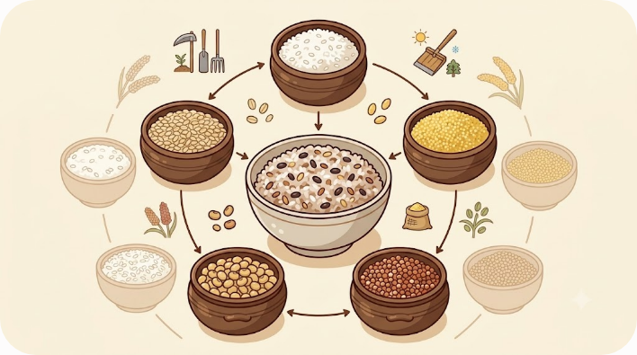 오곡이라는 말과 시대·지역에 따라 달라진 곡식 구성을 보여주는 설명 이미지