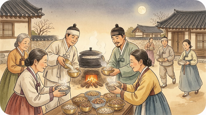 정월대보름에 이웃끼리 오곡밥을 나누어 먹는 풍속을 표현한 삽화