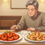 중식당 식탁에서 붉은 소스 새우 요리 두 접시를 비교하는 모습