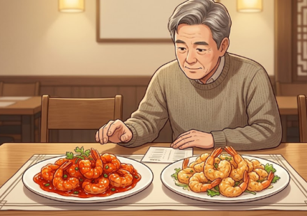 중식당 식탁에서 붉은 소스 새우 요리 두 접시를 비교하는 모습