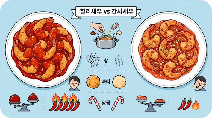 칠리새우와 깐쇼새우의 소스와 조리 차이를 보여 주는 비교 이미지