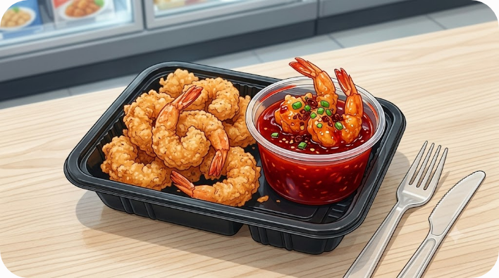 마트 간편식과 배달 메뉴에서 쓰이는 칠리새우 한 접시