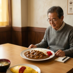 경양식집 식탁에 놓인 카레라이스와 주변 일식 메뉴