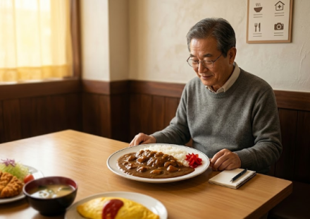 경양식집 식탁에 놓인 카레라이스와 주변 일식 메뉴