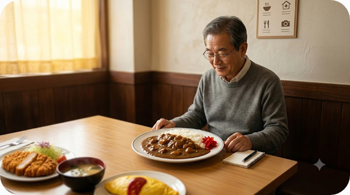 경양식집 식탁에 놓인 카레라이스와 주변 일식 메뉴